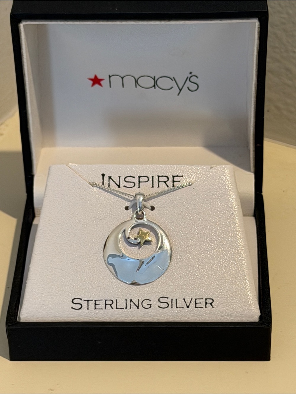 Inspire Sterling Silver Crescent Moon and Star Pendant - Silver & Gold